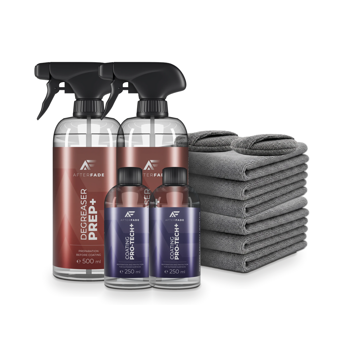 Afterfade PRO+ Double Kit: two Prep+ 500 ml, two Pro-Tech+ 250 ml, six grey microfibre towels and two applicator pads