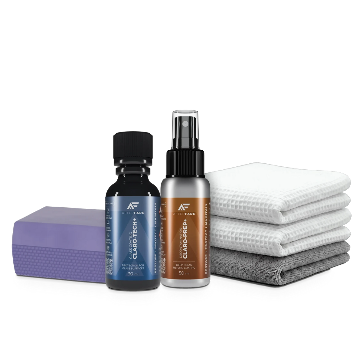 Afterfade Claro-Tech+ glass coating set: Claro-Tech+ 30 ml, Claro-Prep+ 50 ml, grey and white glass towels, purple applicator pad