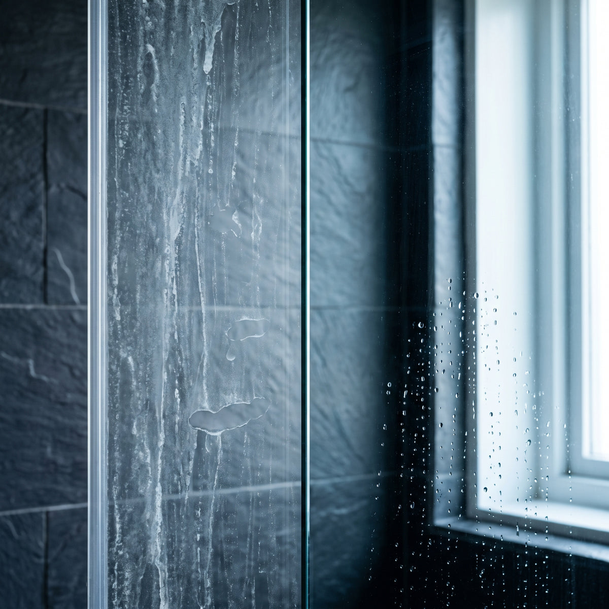 Untreated shower glass with limescale next to Claro-Tech+ coated glass