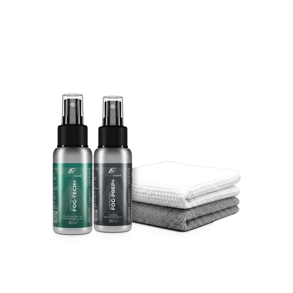 Afterfade Fog-Tech+ anti-fog kit: Fog-Tech+ 50 ml, Fog-Prep+ 50 ml, grey microfibre towel and white glass towel