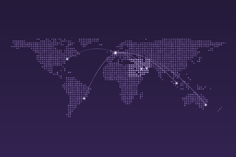Dotted world map with AfterFade export routes from Belgium to trade hubs