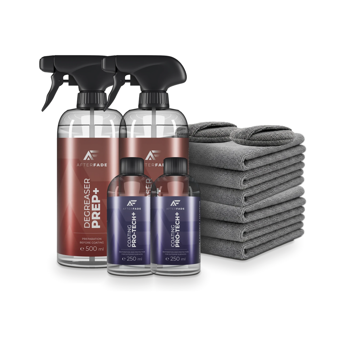 Afterfade PRO+ Double Kit: two Prep+ 500 ml, two Pro-Tech+ 250 ml, six grey microfibre towels and two applicator pads