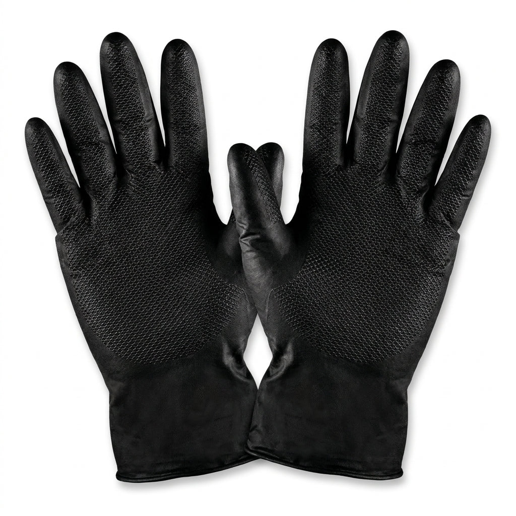 Pair of black Afterfade nitrile grip gloves with fish-scale texture