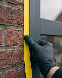 Q1 sun-yellow masking tape along the edge of an anthracite window frame and a brick wall