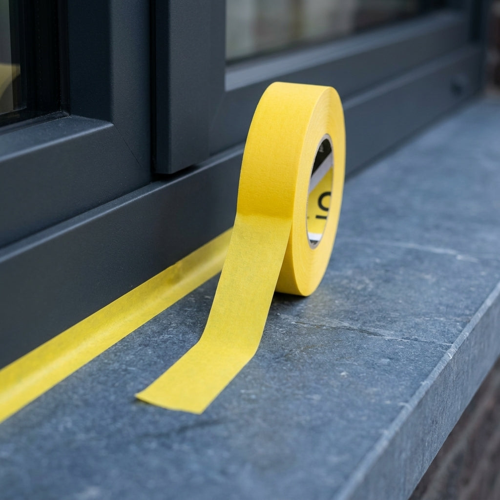 Q1 masking tape on a bluestone window sill along an anthracite aluminium frame