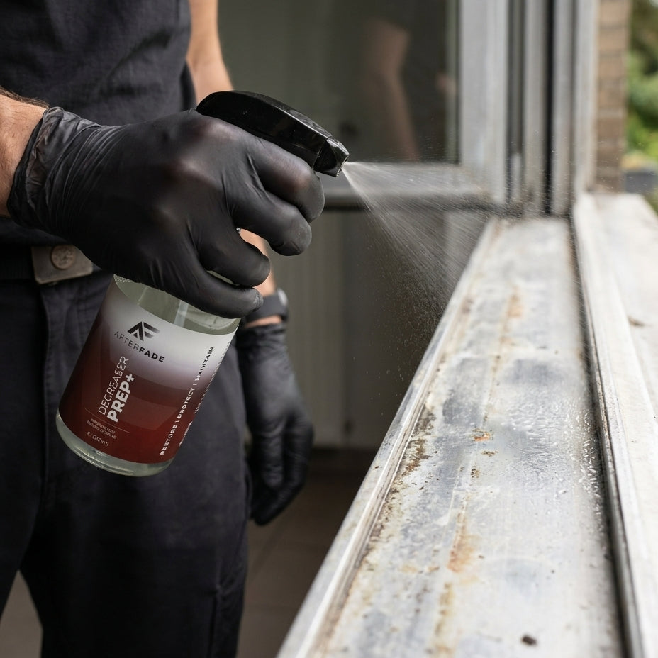 A person wearing black gloves sprays a cleaning solution from a bottle labeled 'K&H Clean' onto a dirty, rusted window sill.