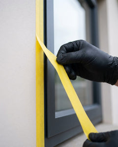 Peeling Q1 masking tape off the render beside a coated anthracite frame, in one clean strip