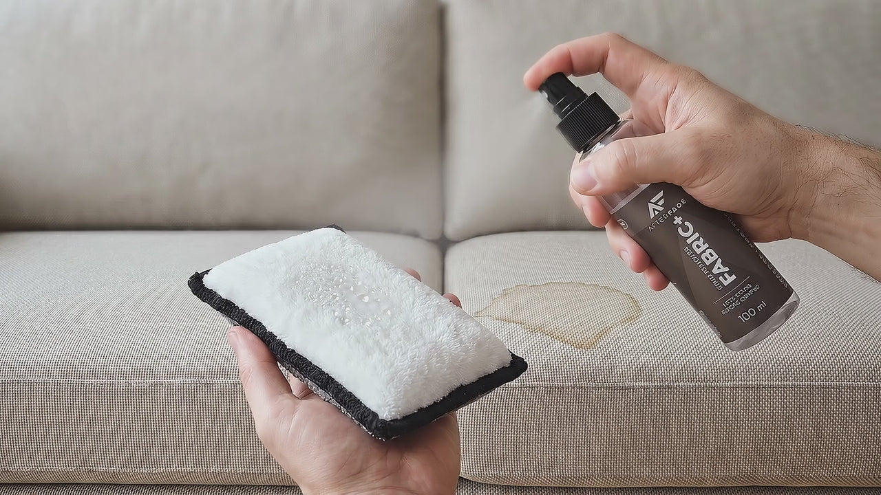 The scrub pad in use: FABRIC+ on its white side, scrubbed into a sofa stain